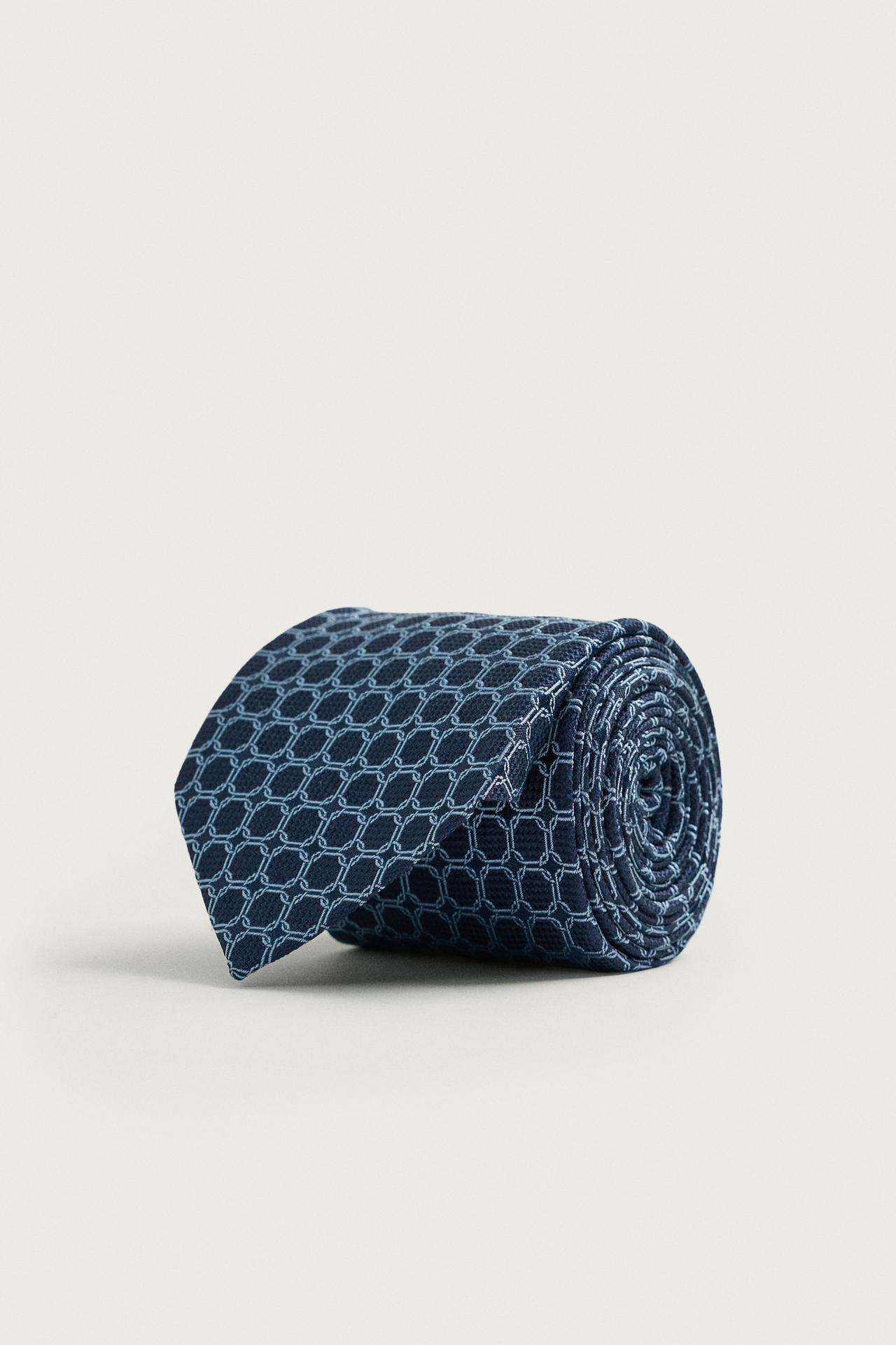 100% SILK GEOMETRIC JACQUARD TIE — Navy blue
