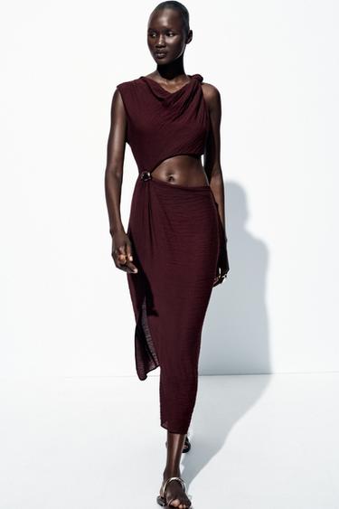 Zara CUT OUT MIDI DRESS - Burgundy - Image 0