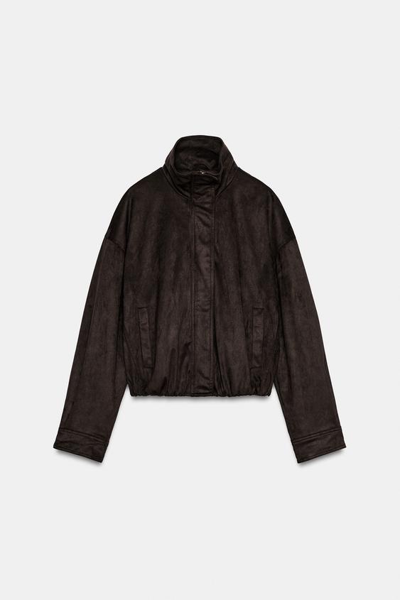 FAUX SUEDE HIGH COLLAR JACKET - Brown by Zara - Image 0
