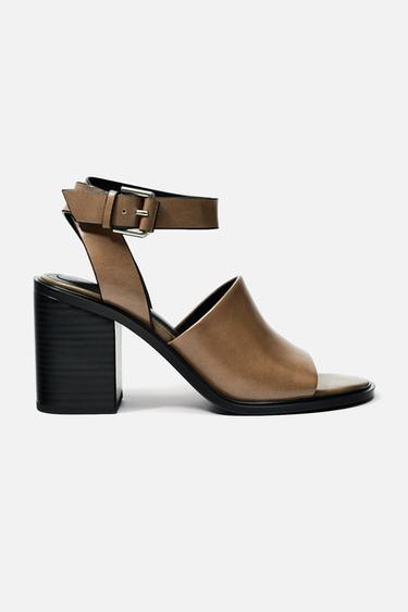 SANDALIA TACÓN PIEL - Gris Topo de Zara