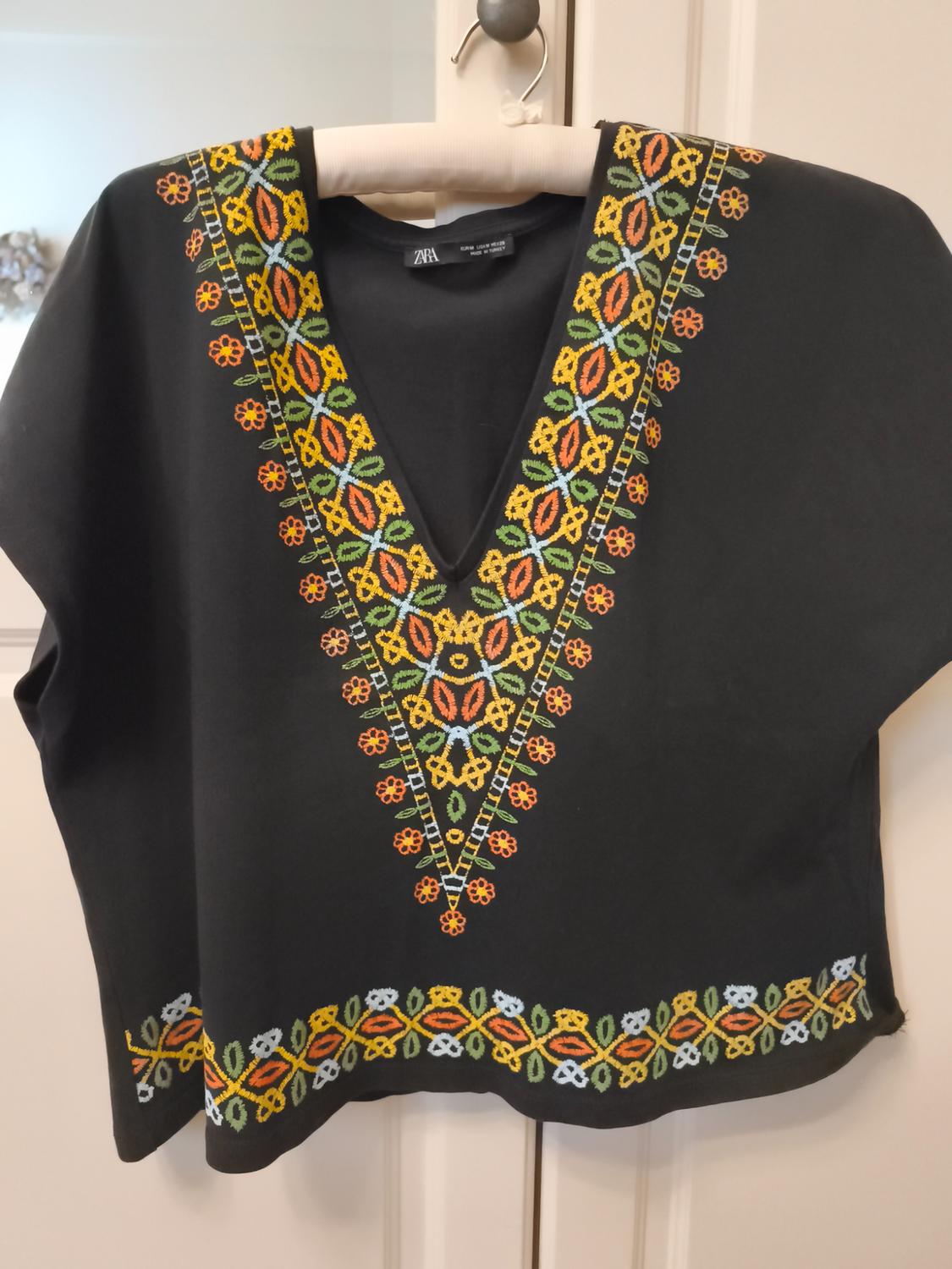 Black blouse with colourful embroidery on the collar and hem, hanging on a white hanger over a white door.