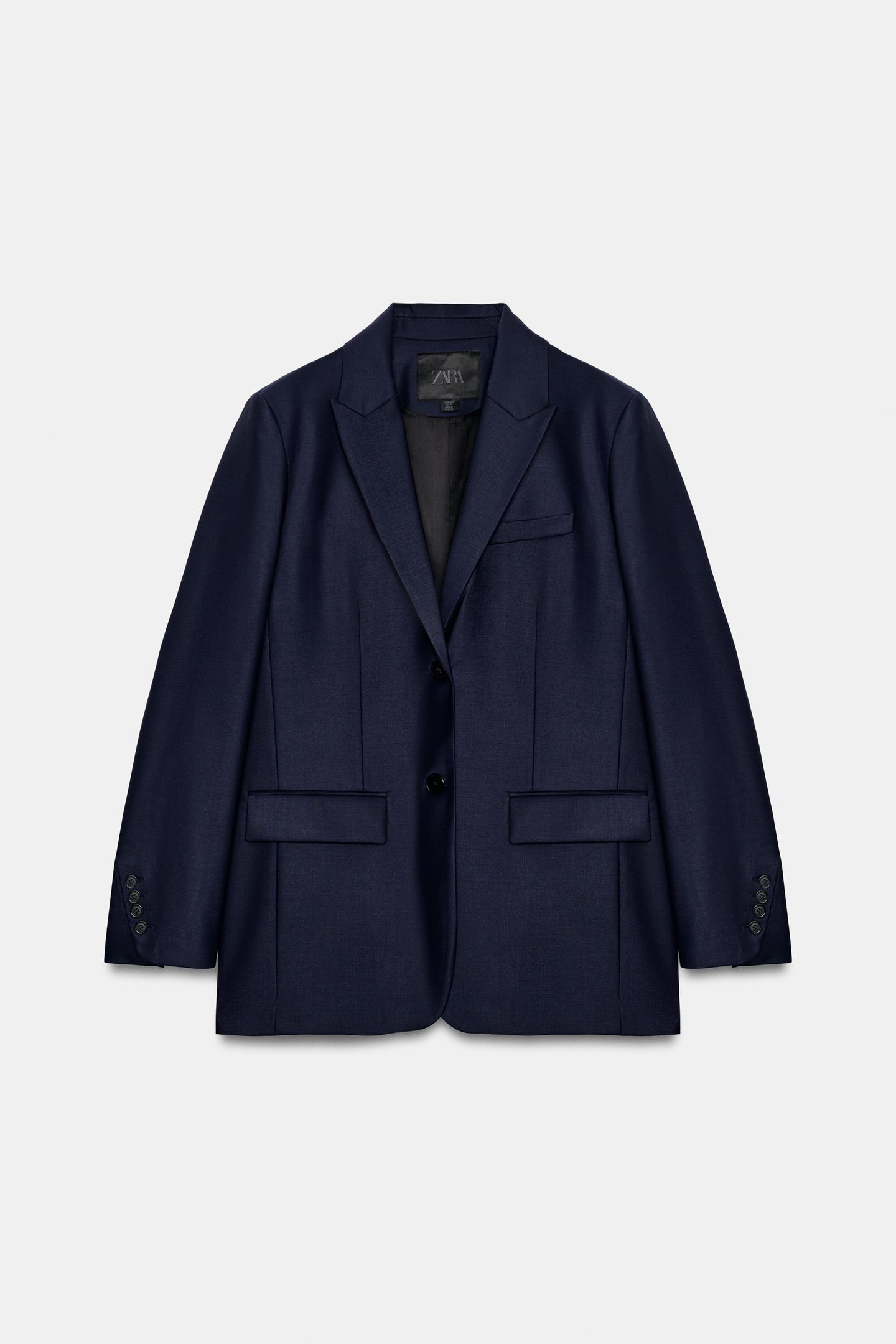 Женский пиджак Zara ZW Collection Wool-Blend Straight-Fit Blazer, цвет: Тёмно-синий — фото 6