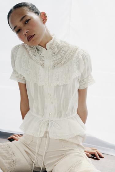 EMBROIDERED LACE PLEATED BLOUSE - Oyster-white by Zara