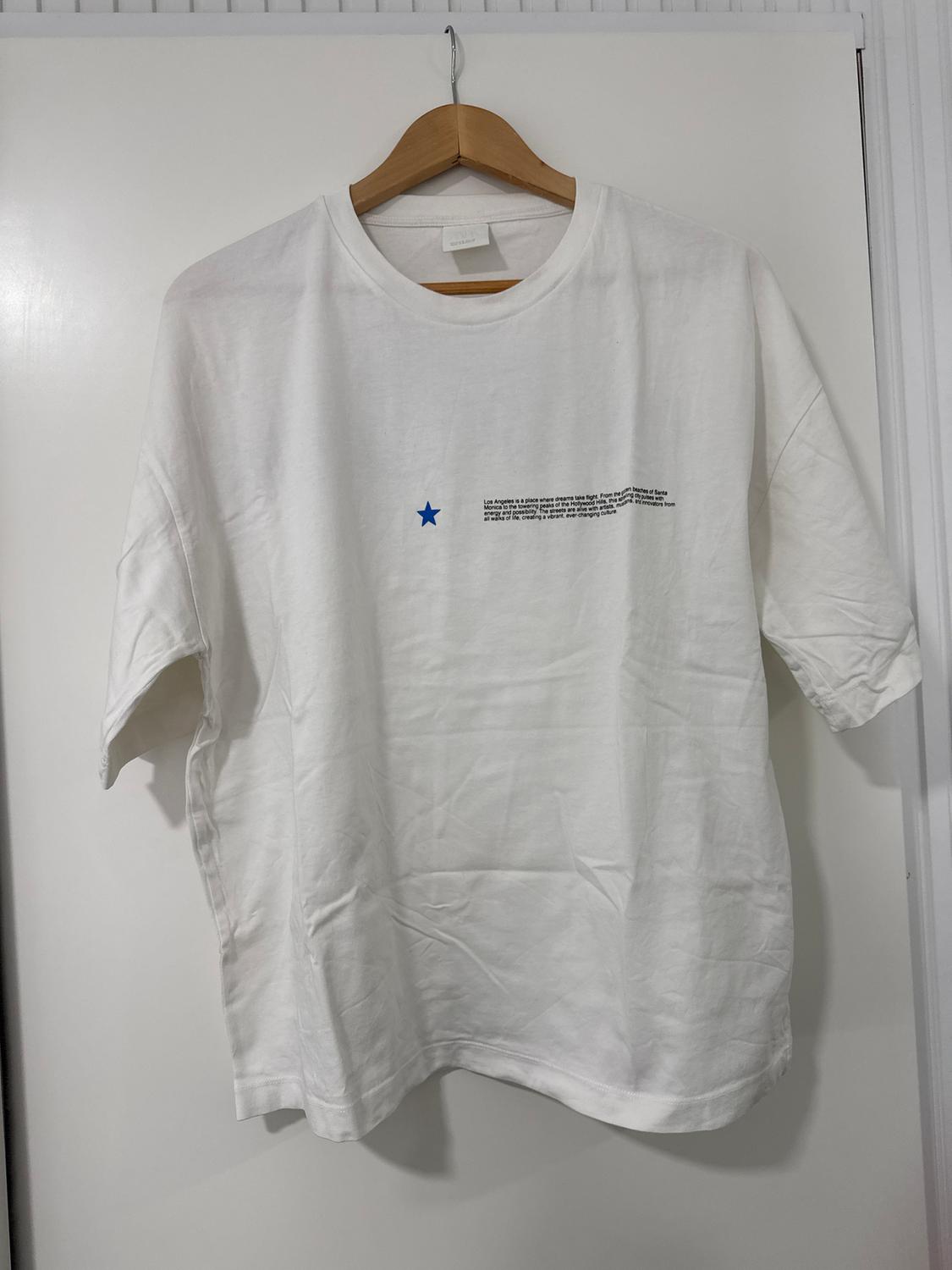 Λευκό T-shirt κρεμασμένο σε ξύλινη κρεμάστρα, με ένα μικρό μπλε αστέρι και μαύρο κείμενο στο στήθος. Λευκό φόντο.