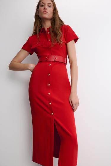 VESTIDO MIDI CINTURÓN - Rojo de Zara