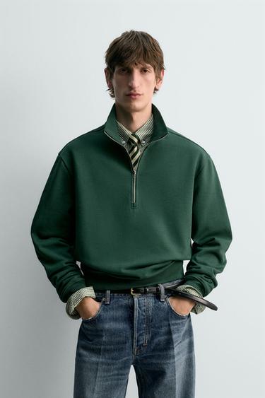 Zara REGULAR FIT QUARTER-ZIP SWEATSHIRT - Green