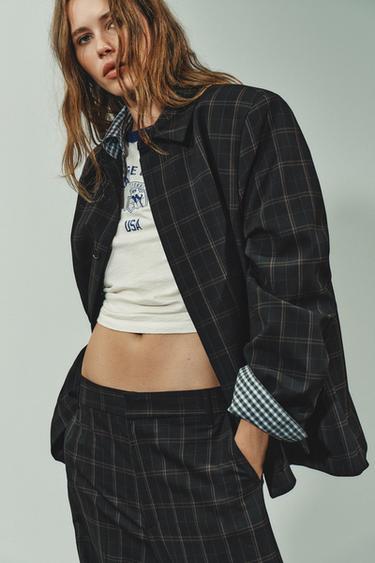 CHECK BLAZER WITH SHOULDER PADS - Black / Brown by Zara