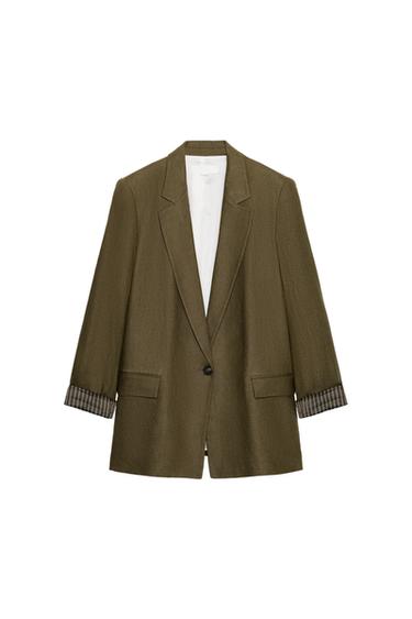 بليزر كتان بأكمام مطوية - كاكي داكن الخاص بـ Zara