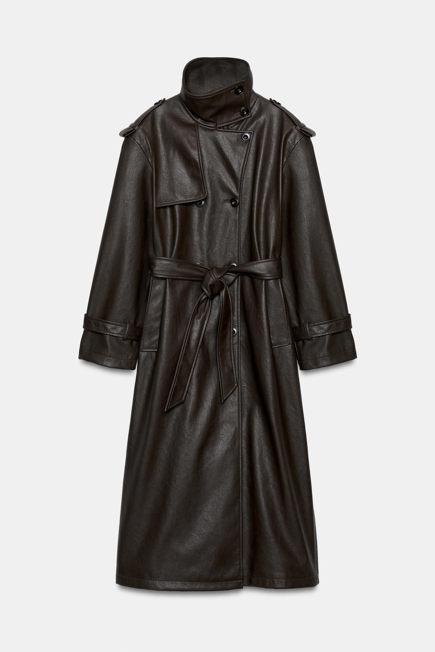 Женское пальто Zara Faux Leather Long Trench, цвет: Тёмный коричневый — фото 6