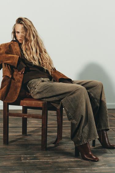 Zara LEATHER WIDE HEEL ANKLE BOOTS - Brown - Image 0