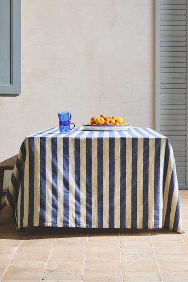 TABLECLOTH WITH DYED THREAD STRIPES - Ecru / Blue by Zara