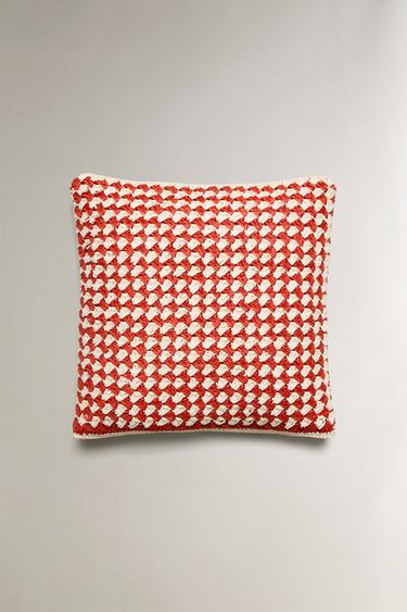 Zara CROCHET THROW PILLOW COVER - Ecru / Red - Image 0