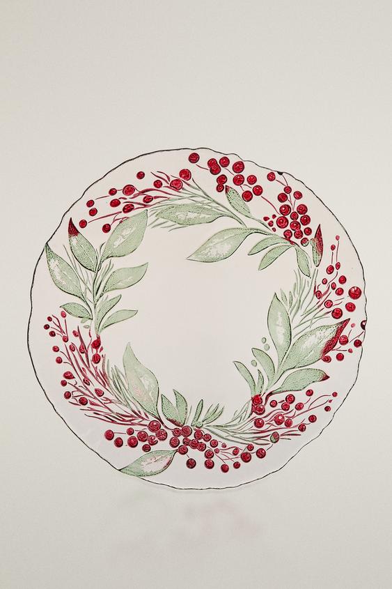 Zara CHRISTMAS GARLAND GLASS SERVICE PLATE - Green - Image 0