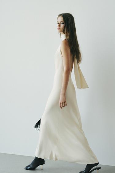ДЛИННОЕ АТЛАСНОЕ ПЛАТЬЕ С ЗАВЯЗКАМИ — ЖЕЛТОВАТО-БЕЛЫЙ от Zara