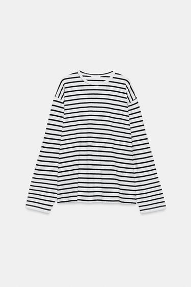 تيشيرت مخطط قطن وكتان - أسود / أبيض الخاص بـ Zara