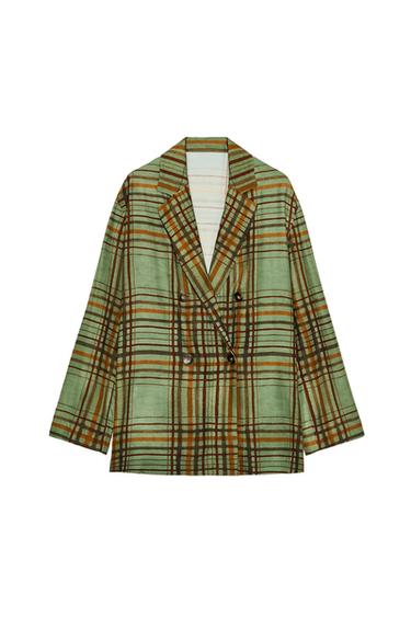 Front view of a green blazer with a check pattern, notched lapel, long sleeves and a double-breasted button fastening.