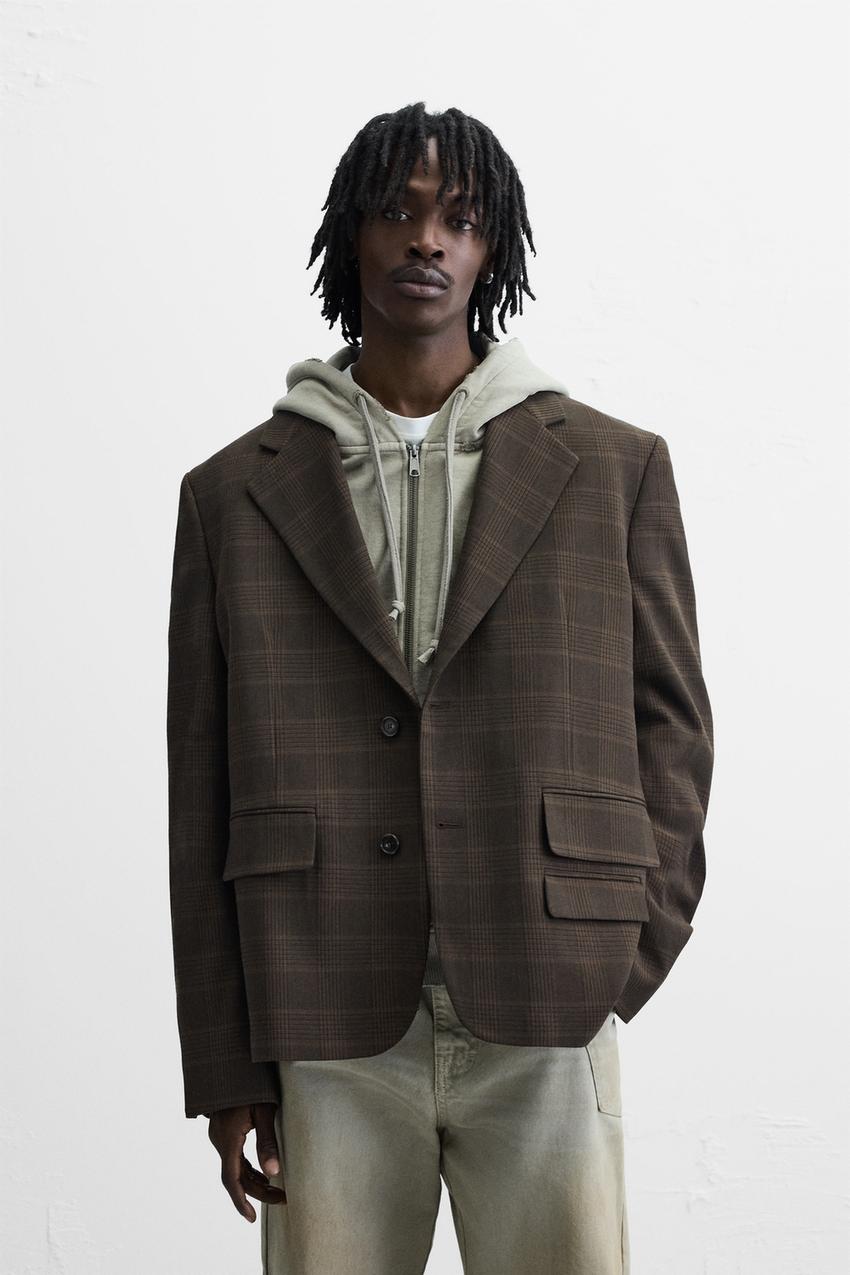 チェック柄コンビネーションボンバージャケット - ブラウン | ZARA