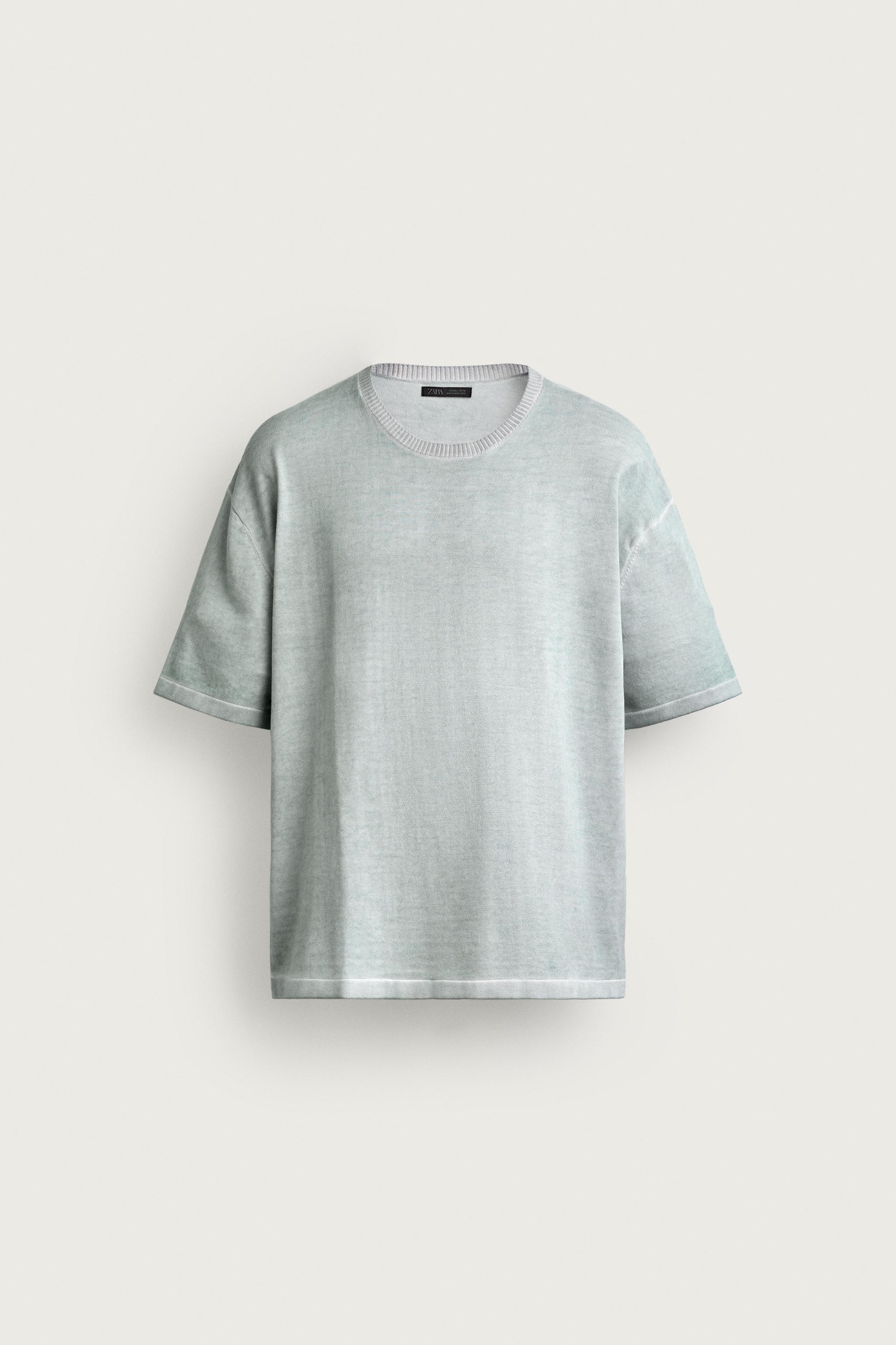 WASHED EFFECT KNIT T-SHIRT — Faded sky blue