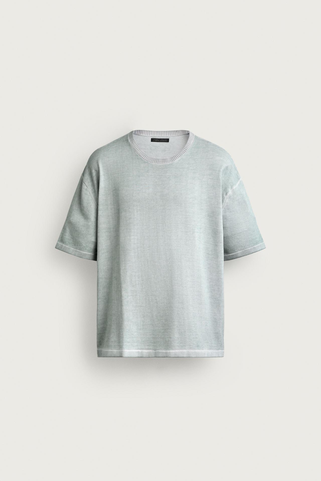 WASHED EFFECT KNIT T-SHIRT — Faded sky blue
