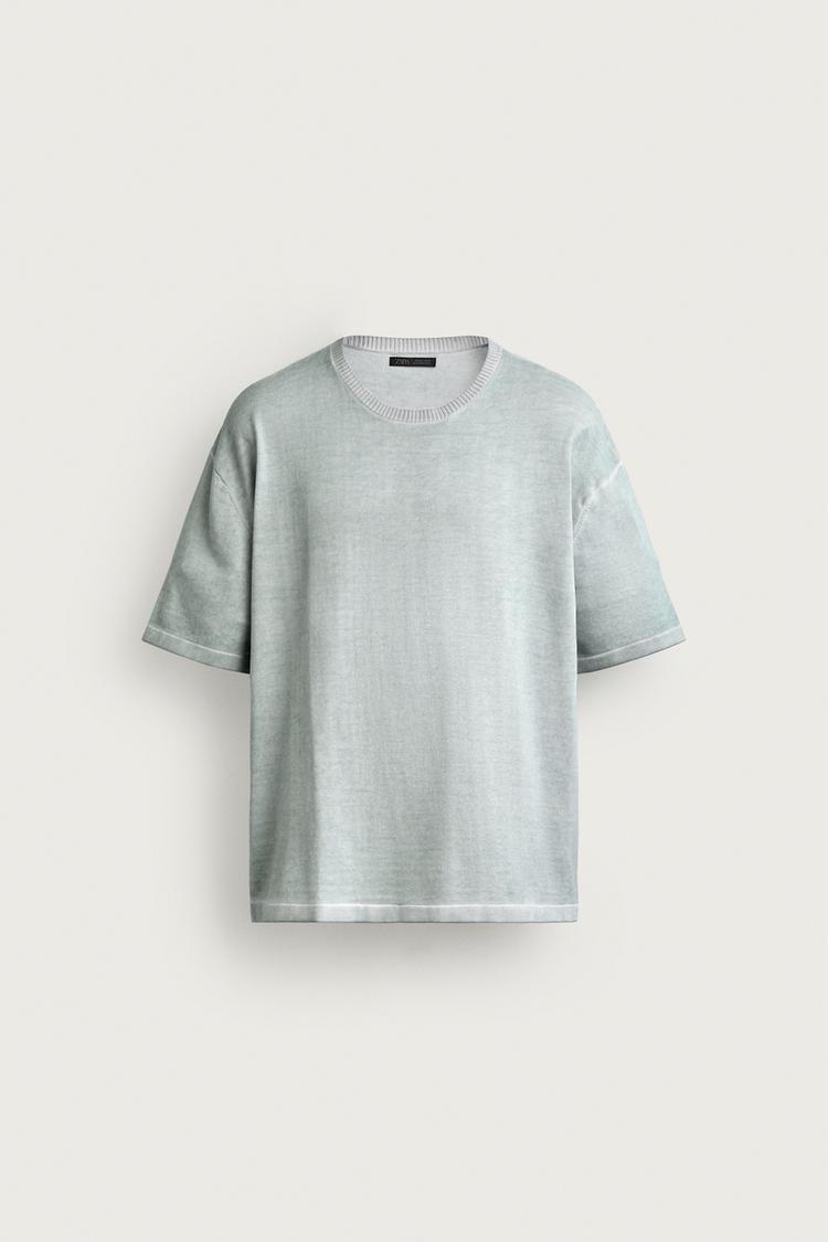 WASHED EFFECT KNIT T-SHIRT — Faded sky blue