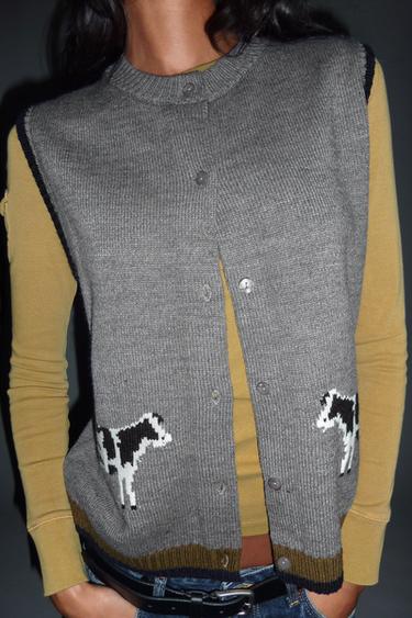 ANIMAL JACQUARD KNIT WAISTCOAT — Grey 1