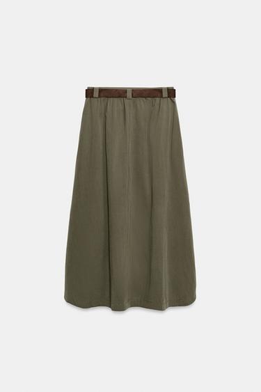 JUPE CAPE MI-LONGUE AVEC CEINTURE - Kaki foncé de Zara
