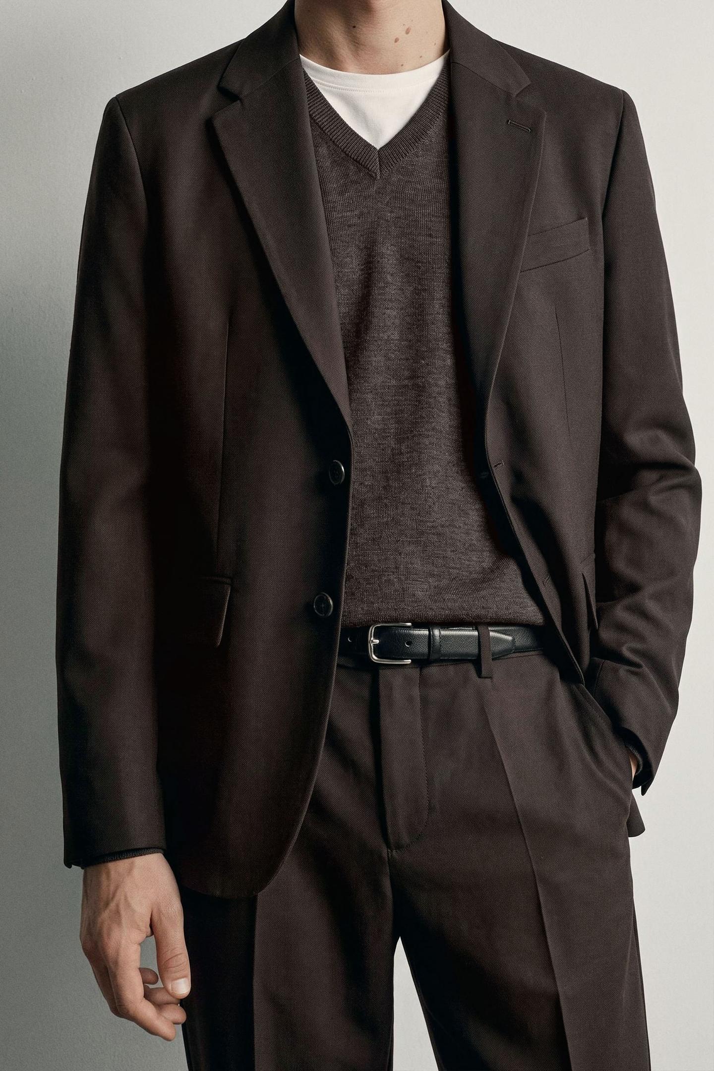 Мужской пиджак Zara Wool-Blend Suit Blazer, цвет: Коричневый — фото 7