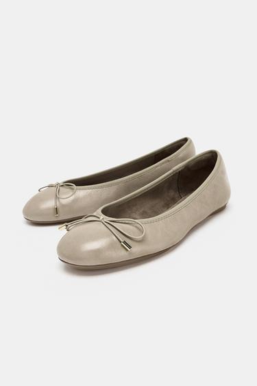 LEATHER BOW BALLET FLATS - Grey by Zara - Image 3