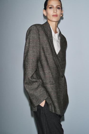 БЛЕЙЗЕР ZW COLLECTION ОВЕРСАЙЗ У КЛІТИНКУ З ВОВНОЮ - Темно-коричневий Zara