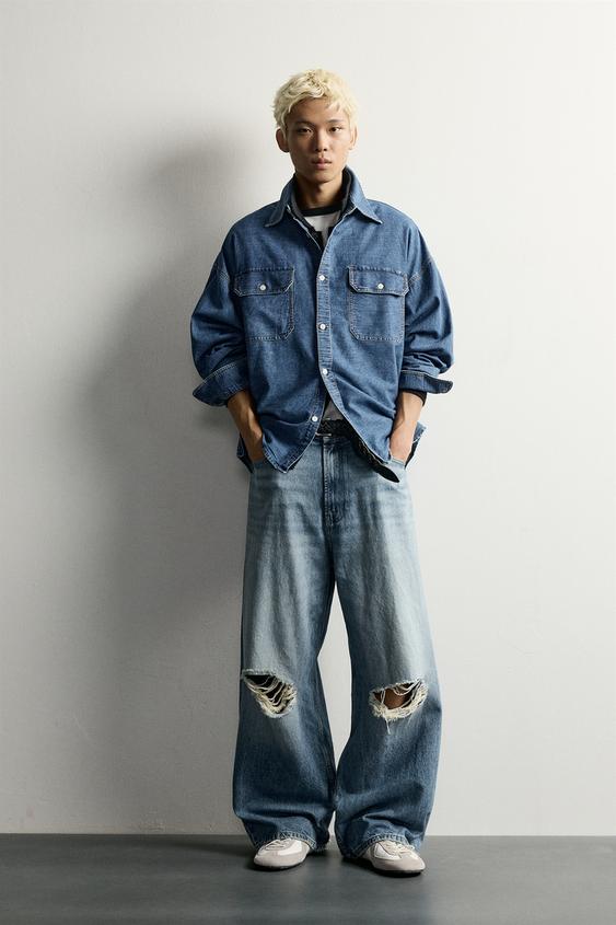 KËMISHË DENIM RELAXED FIT - E kaltër e mesme nga Zara - Imazh 0