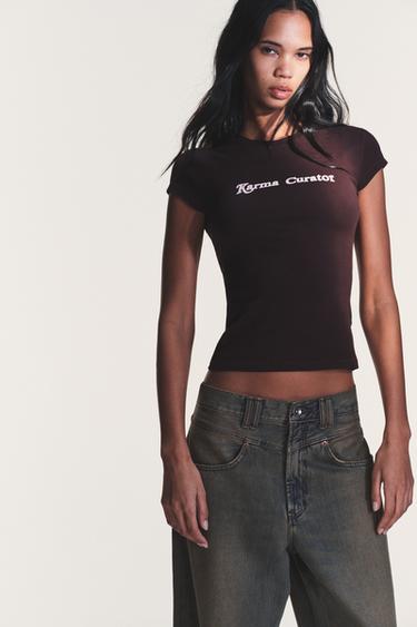 Zara FRONT TEXT T-SHIRT - Chocolate