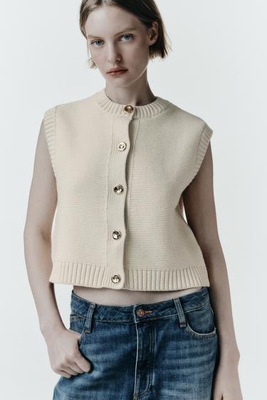 Zara GOLD BUTTON KNIT VEST - Ecru