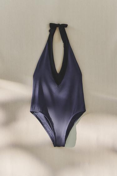 MAILLOT DE BAIN DE PLAGE HALTER À NŒUD - Bleu moyen de Zara