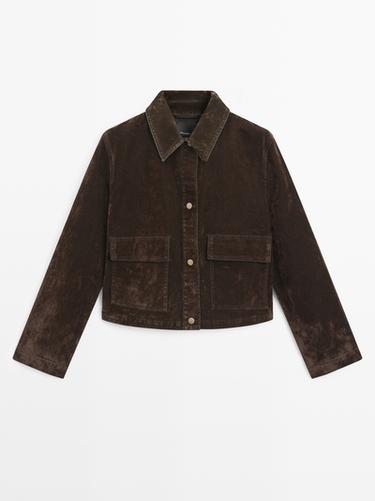 Veste denim courte avec poches finition velours - Chocolat de Zara