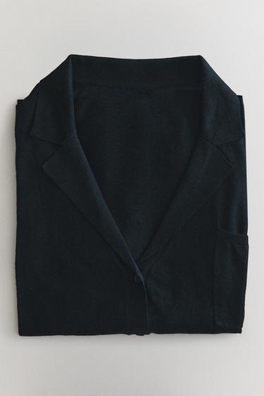 WOOL SILK LAPEL INFINITY SCARF CARDIGAN — Blue 1