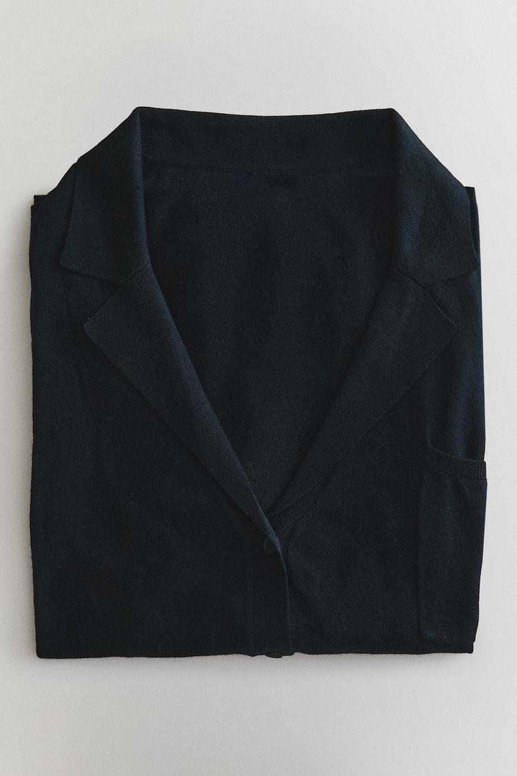 WOOL SILK LAPEL INFINITY SCARF CARDIGAN — Blue