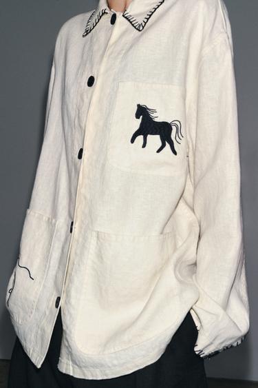 EMBROIDERED LINEN OVERSHIRT ZW COLLECTION - Oyster-white by Zara - Image 4