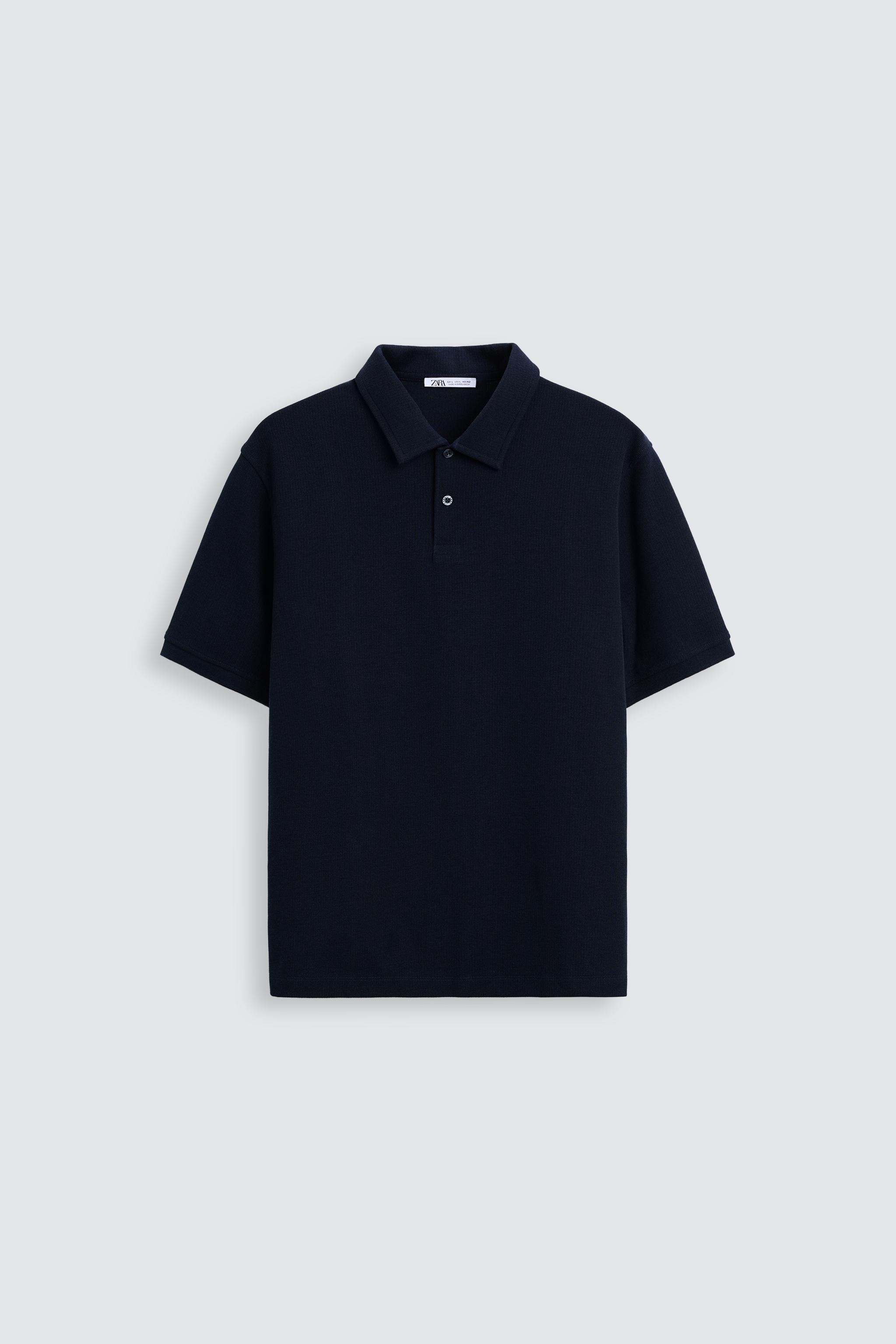 Polo Zara Maglietta BASIC TEXTURED POLO SHIRT Navy Blue
