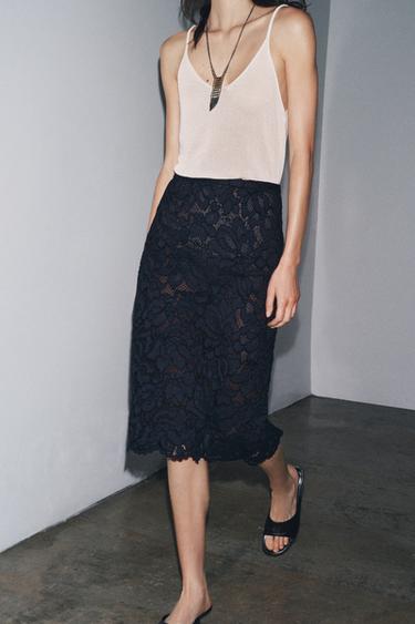 Zara ZW COLLECTION 蕾絲中長裙 - 海藍色