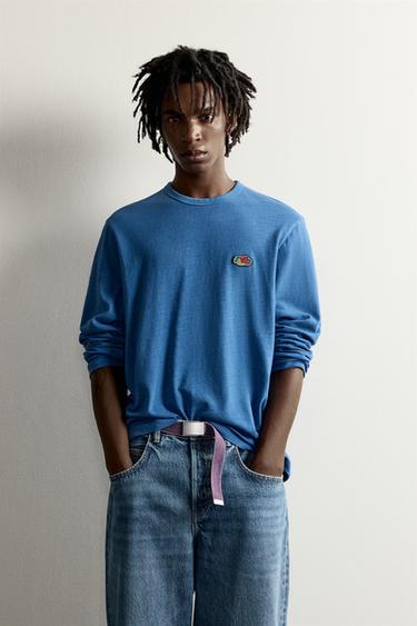 CAMISETA BÁSICA DE MANGA AMPLA COM PATCH FRUIT OF THE LOOM™ - Azul da Zara