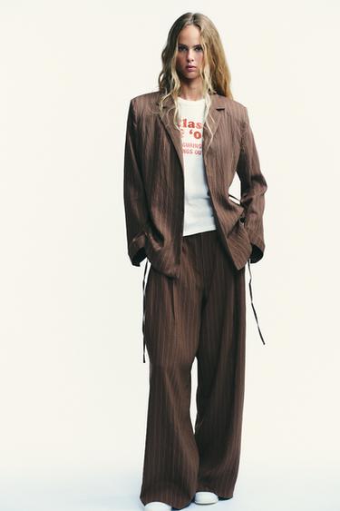 STRIPED SHOULDER PAD BLAZER WITH THIN BELT - Brown / Ecru by Zara