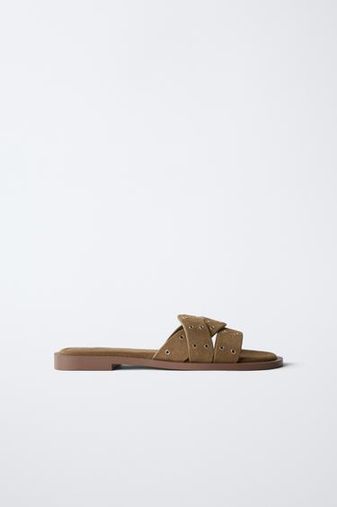 Zara SUEDE CROSS STRAP FLAT SANDALS - Brown - Image 0