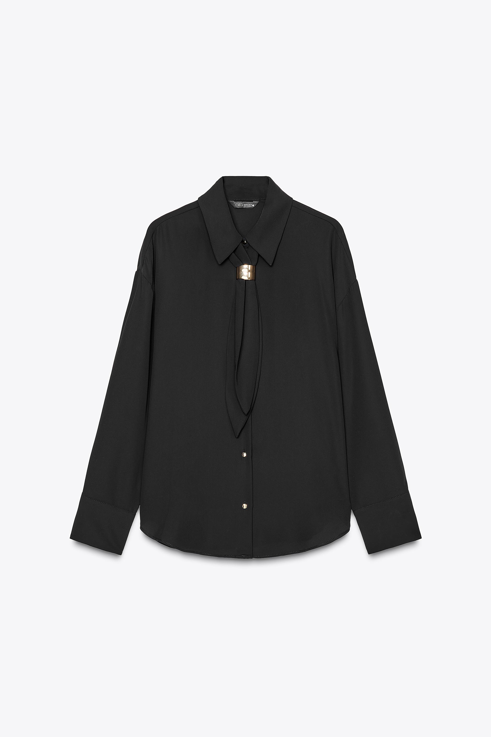 ゴールドアップリケ付きリボンブラウス - ブラック | ZARA Japan