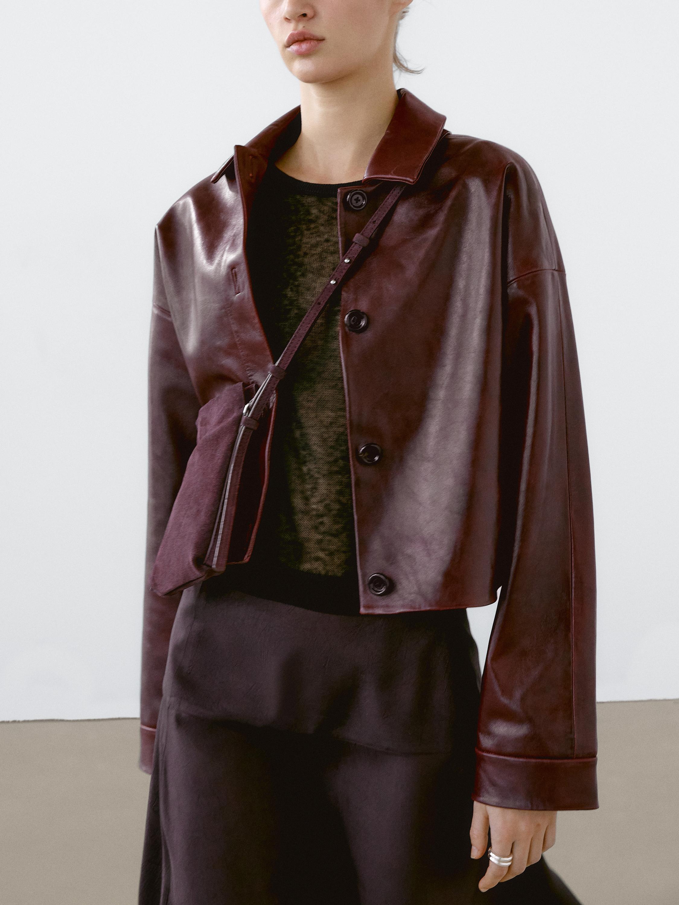 Short shiny nappa leather jacket - Burgundy | ZARA United States