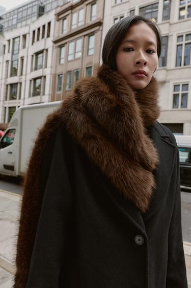 PLAIN FAUX FUR SCARF WITH FRINGING - Brown by Zara - Image 1