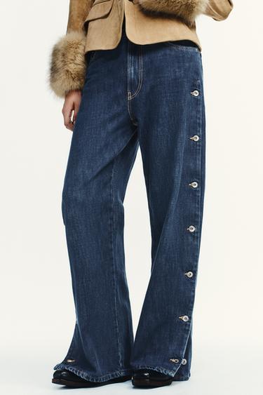 Zara TRF MID-RISE BUTTONED BAGGY JEANS - Blue