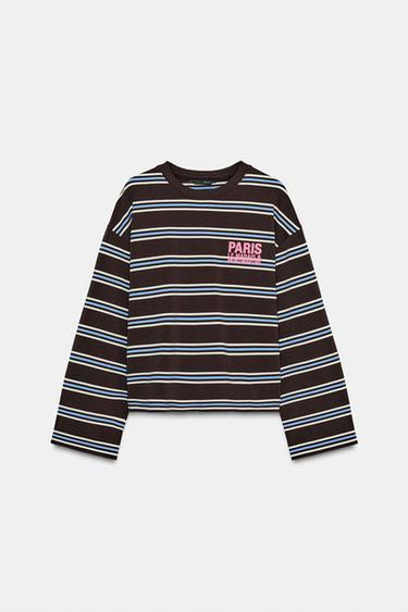 STRIPED T-SHIRT WITH TEXT - Brown Stripes by Zara