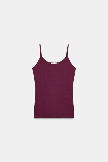 Zara FINE STRAP POLYAMIDE T-SHIRT - Wine