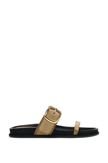 FLAT SPLIT SUEDE STRAPPY SANDALS - Sand Brown by Zara - Image 0