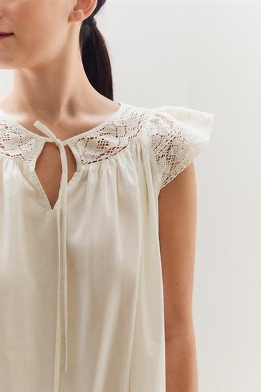 CHEMISE DE NUIT COTON DENTELLE - Blanc cassé de Zara - Image 4